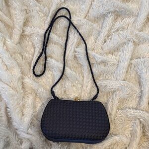 Neiman Marcus Vintage Navy Blue Satin Woven Hard Case Evening Purse Italy Mini